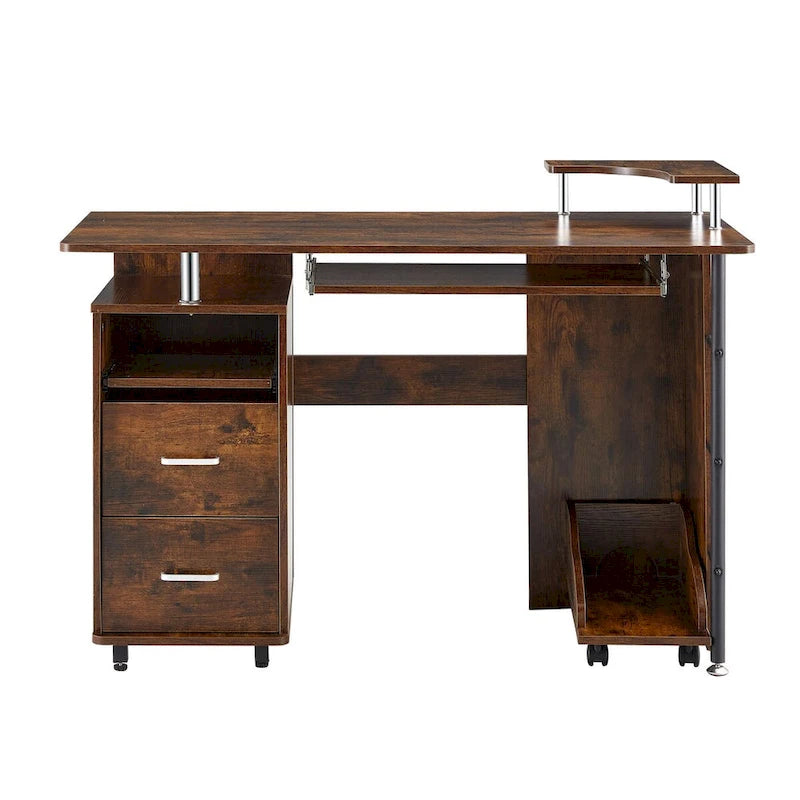 Solid Wood Computer Desk with PC Roller, Storage Shelves, and File Cabinet