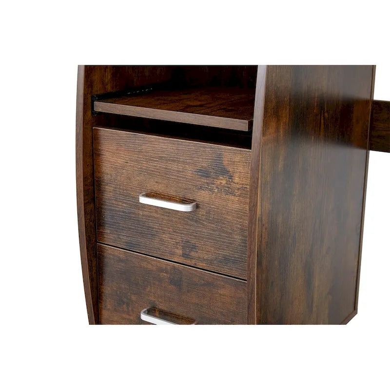 Solid Wood Computer Desk with PC Roller, Storage Shelves, and File Cabinet