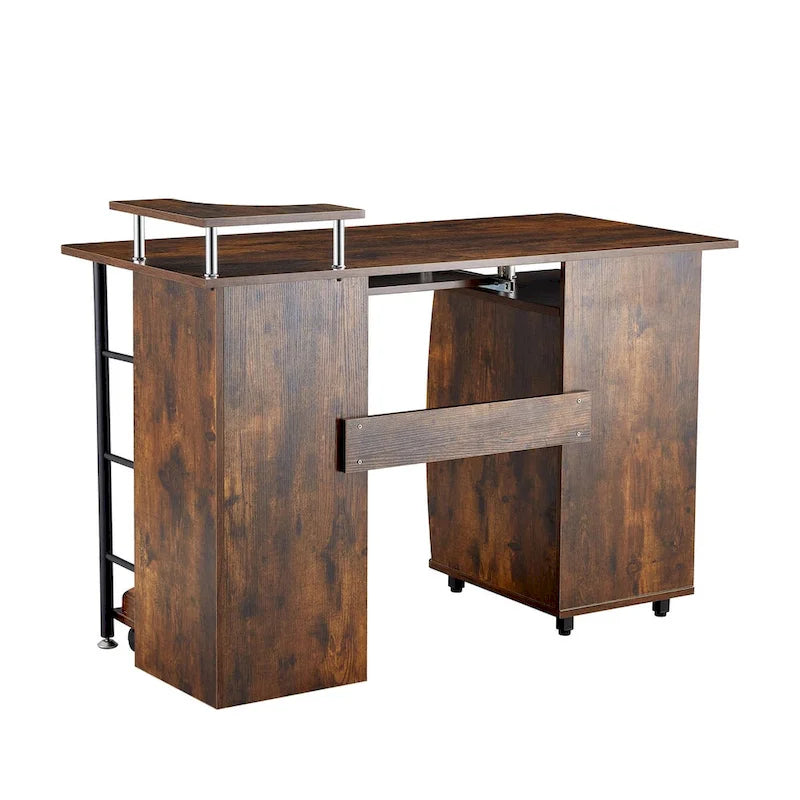 Solid Wood Computer Desk with PC Roller, Storage Shelves, and File Cabinet