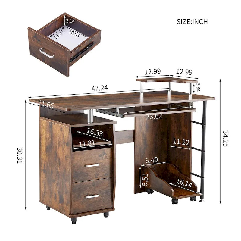 Solid Wood Computer Desk with PC Roller, Storage Shelves, and File Cabinet