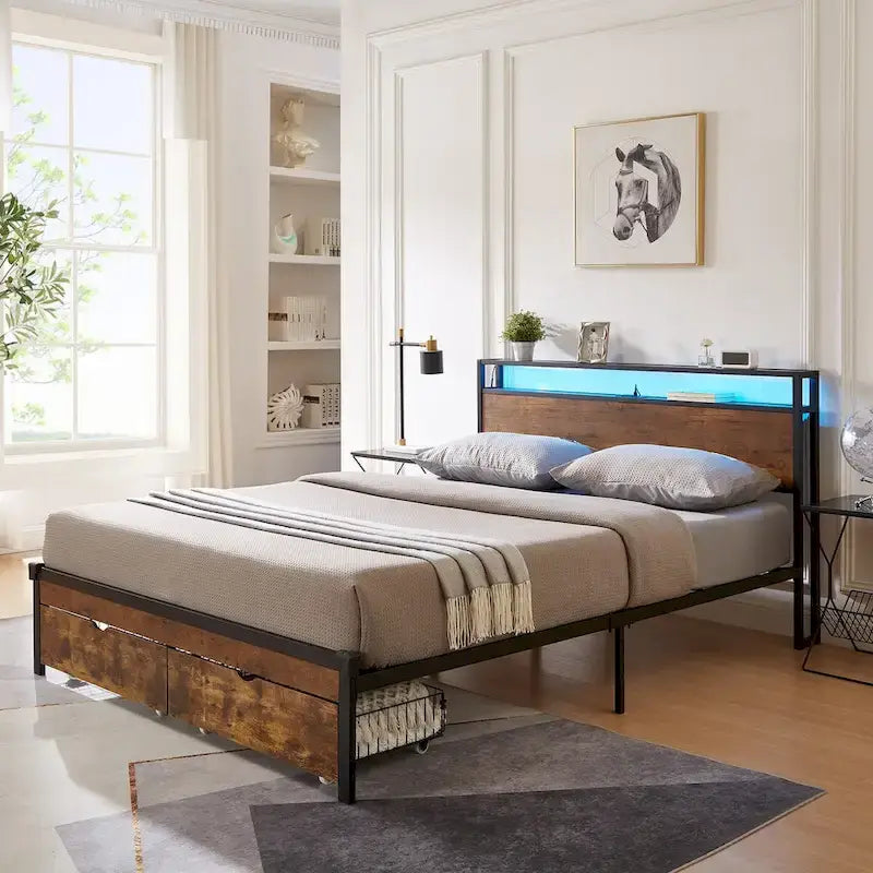 King/Queen/Full Size Metal Platform Bed Frame with Headboard and Footboard with USB, Charging Station, 2 Drawers, LED Lights