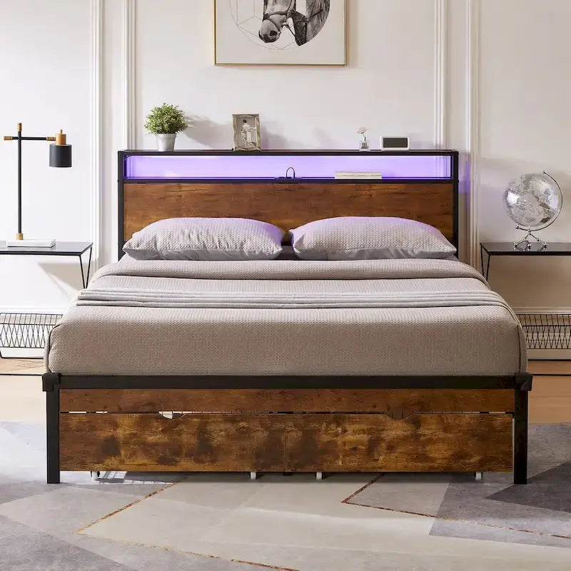 King/Queen/Full Size Metal Platform Bed Frame with Headboard and Footboard with USB, Charging Station, 2 Drawers, LED Lights