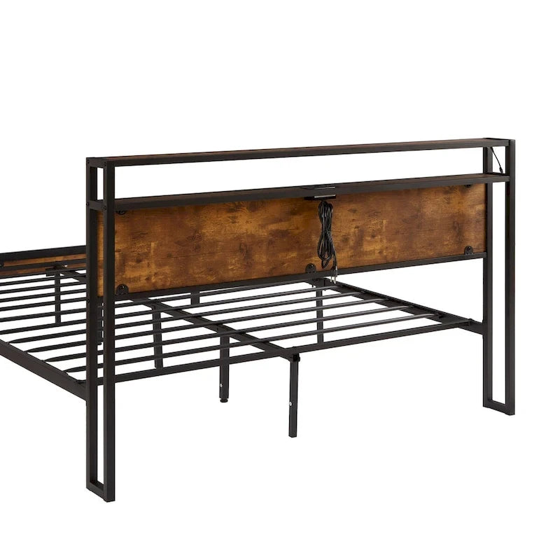 King/Queen/Full Size Metal Platform Bed Frame with Headboard and Footboard with USB, Charging Station, 2 Drawers, LED Lights