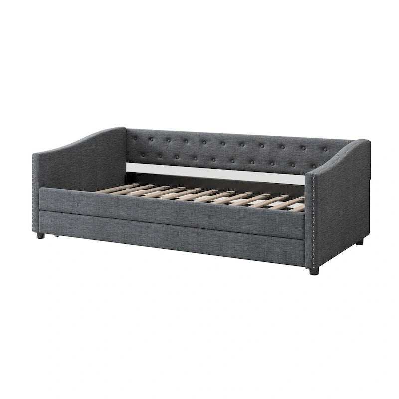 Twin Size Upholstered Tufted Daybed with Trundle and Copper Nail