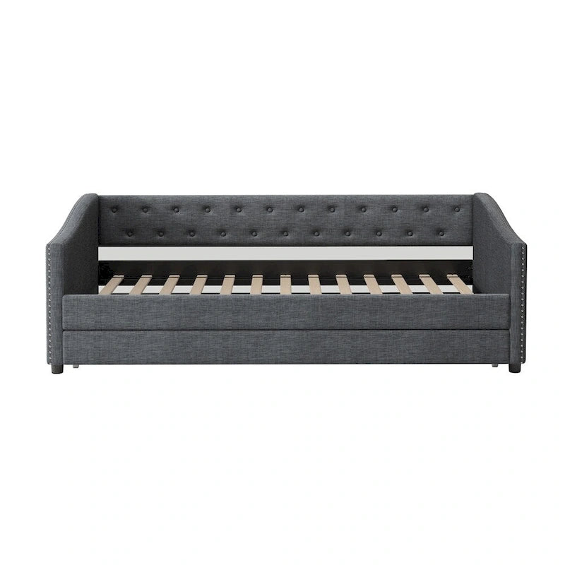 Twin Size Upholstered Tufted Daybed with Trundle and Copper Nail