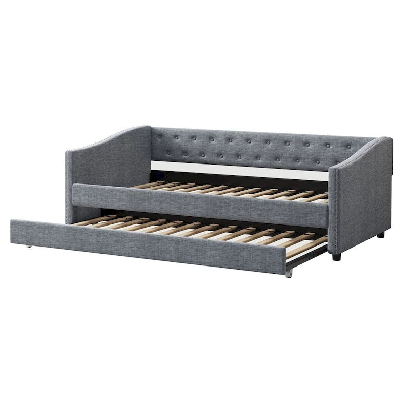 Twin Size Upholstered Tufted Daybed with Trundle and Copper Nail