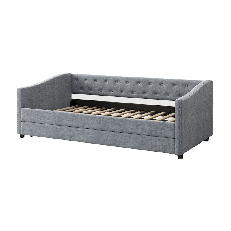 Twin Size Upholstered Tufted Daybed with Trundle and Copper Nail